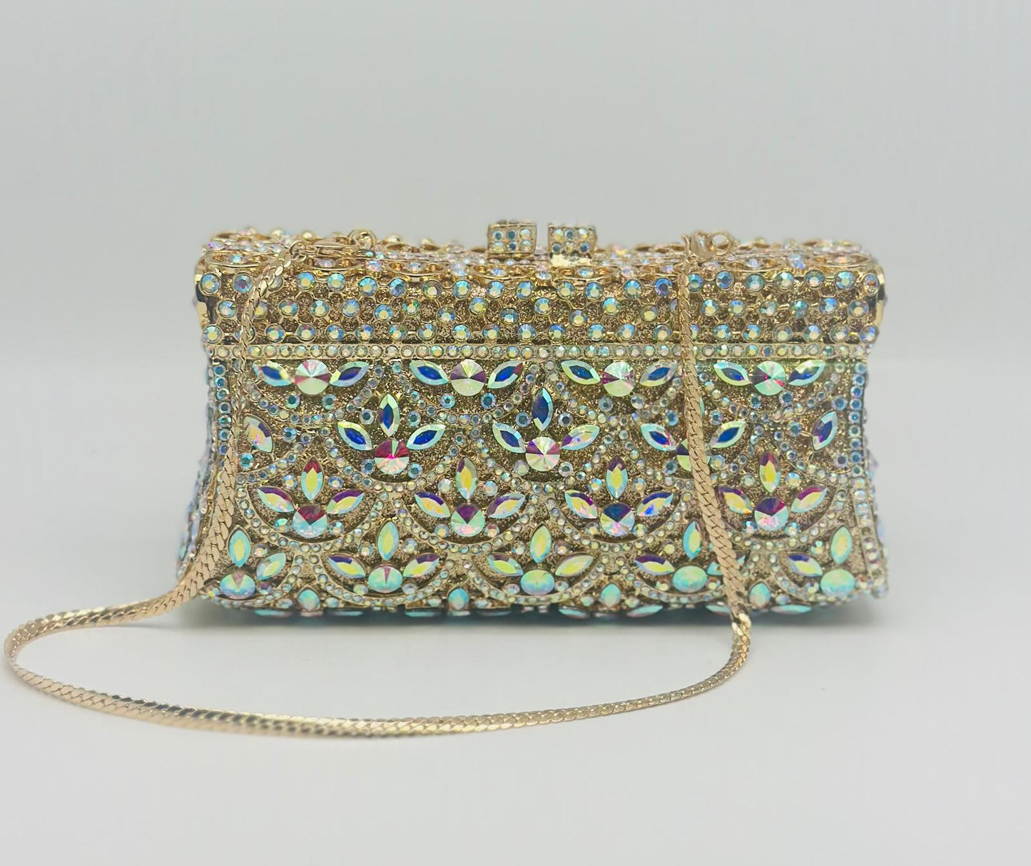 Luxury Gold Crystal Clutch Bag with Floral Rhinestone Detailing