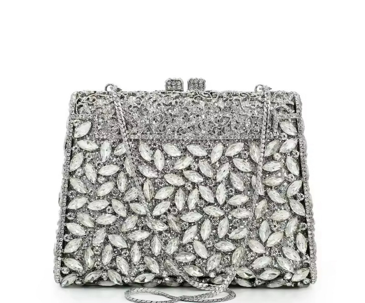 Luxury Silver Crystal Leaf Clutch Bag