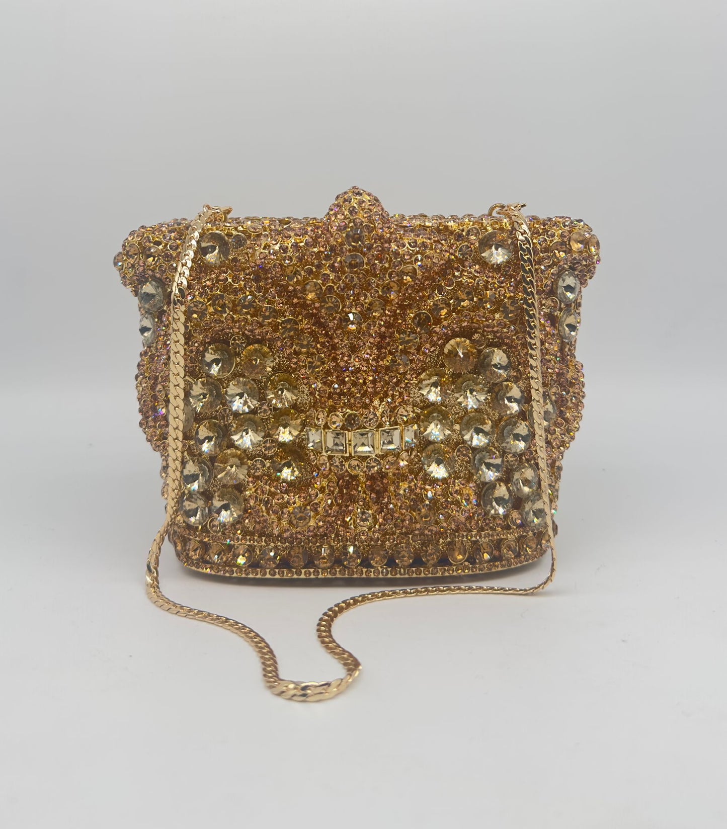 Luxury Golden Rhinestone Embellished Clutch Bag with Chain Strap