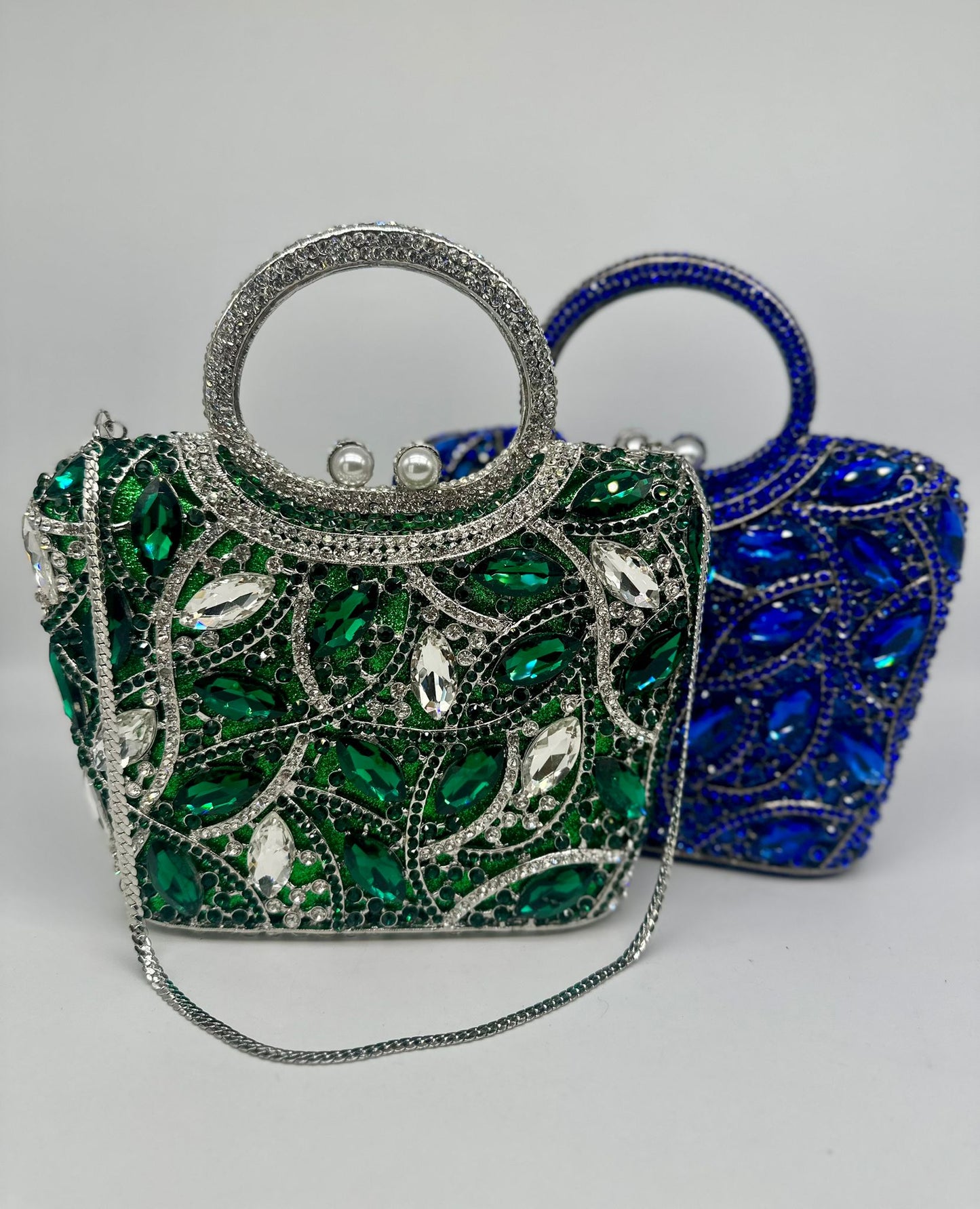 Luxury Crystal Handle Party Clutch – Emerald Green & Royal Blue Variants