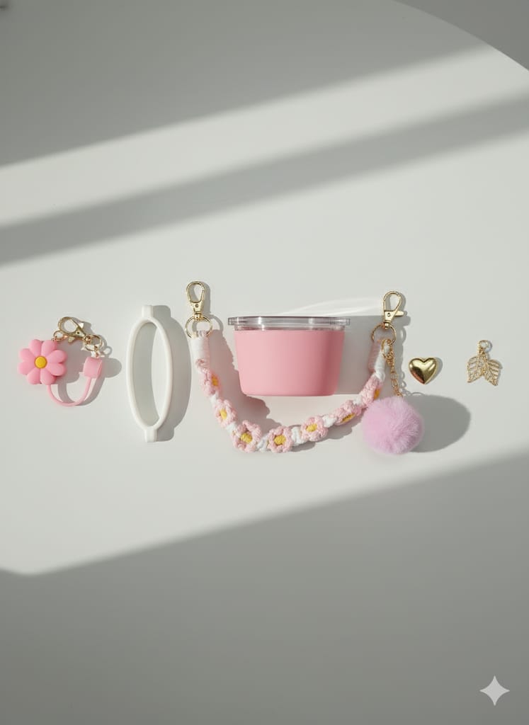 7- Piece Stanley Cup Charm Set – Cute Pastel Accessories with Pom Pom, Chain & Straw Charm