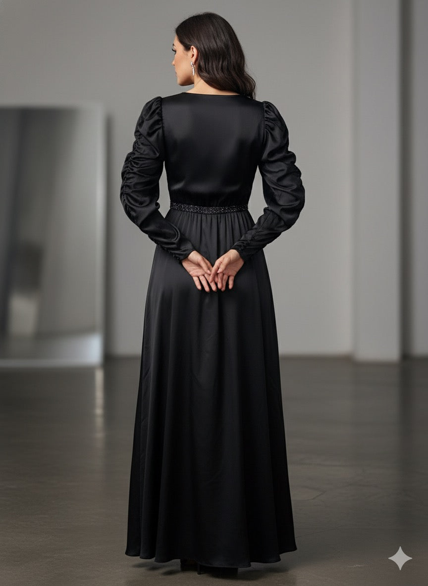 Elegant Long-Sleeve Satin Wrap Maxi Dress