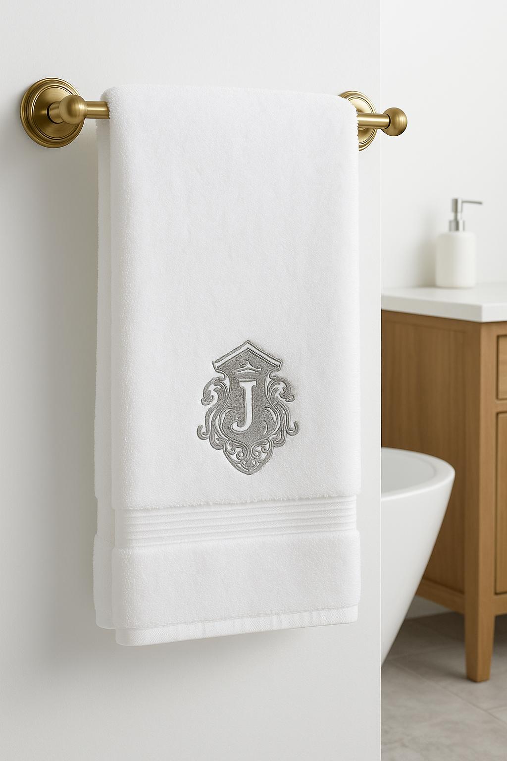Luxury Bath Towel – White Cotton | Embroidered “J” Crest | Hotel Spa Collection