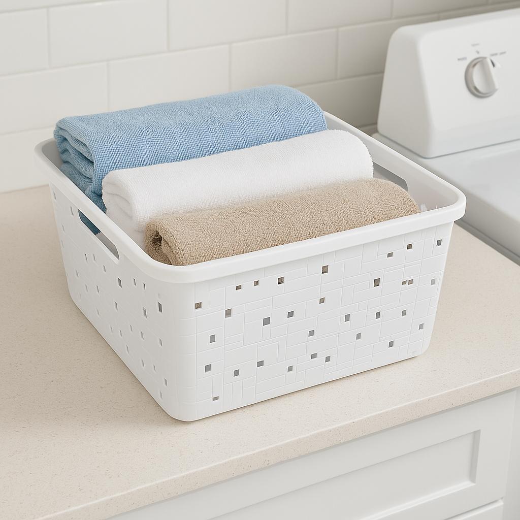 White Plastic Storage Basket with Handles Laundry & Pantry Organizer Bin