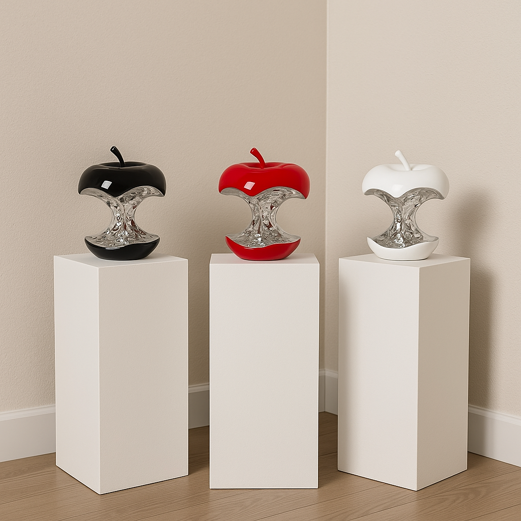Decorative Apple Core Sculptures – Red, White, Black (Plastic, 8.5” & 5.8” Tall)
