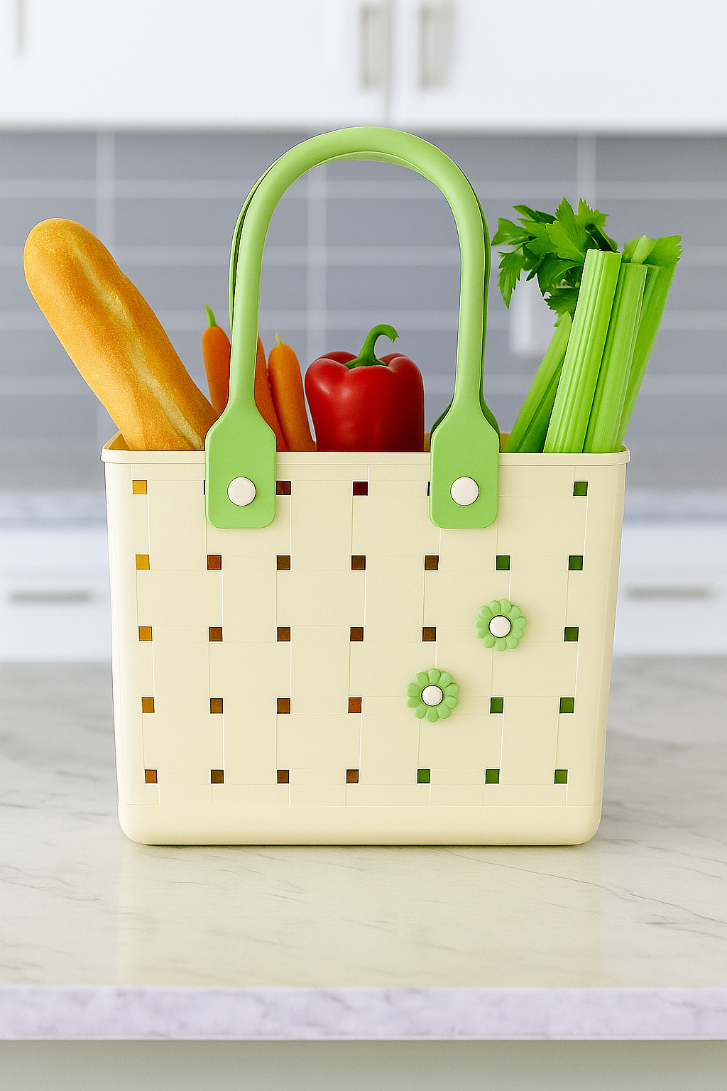 Stylish Plastic Carry Basket with Removable Flower Charms – Ideal for Shopping, Picnic & Home Storage