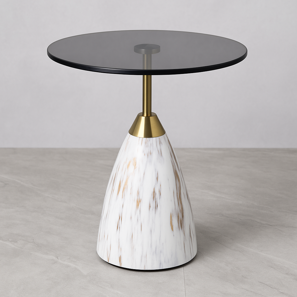 Modern Black Glass-Top Accent Table – 21.2" Tall, Marble-Look Metal Base