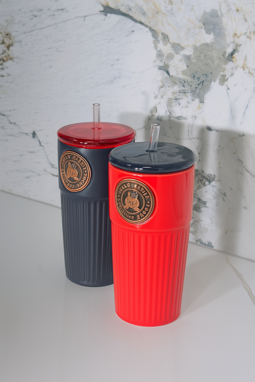 Focus Ceramics Hello Rabbit Tumbler – 400mL Ceramic Cup with Lid & Straw