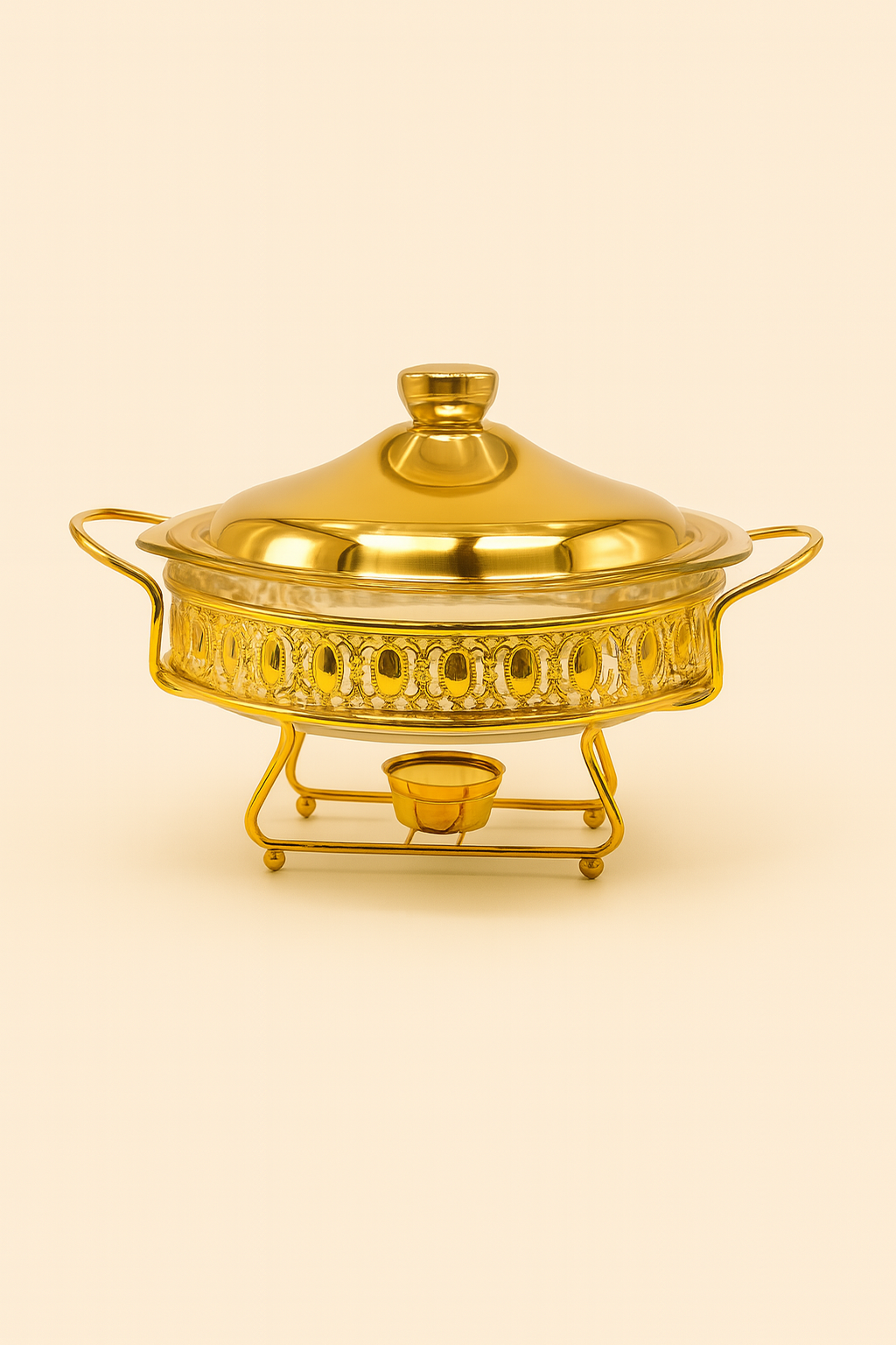2.0L Glass Chafing Dish with Gold Stand – Stainless Steel Food Warmer with Lid