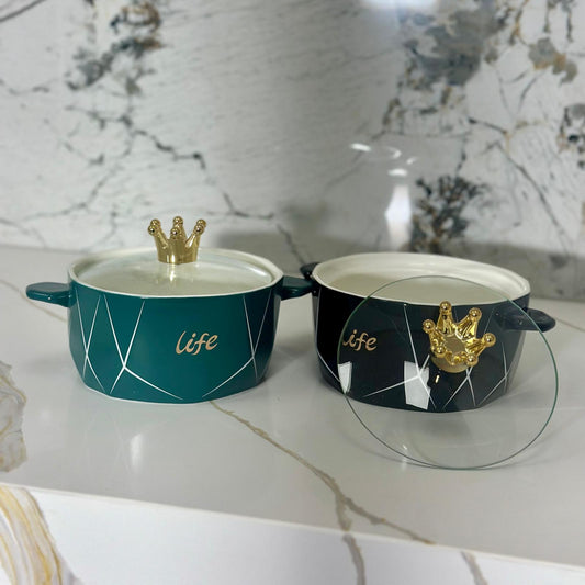 Crown-Lid Ceramic Casserole Pot – Modern LIFE Design with Transparent Glass Lid
