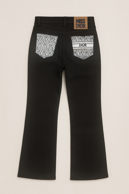 Miss Dior Inspired Black Flared Jeans with Signature Logo Pockets