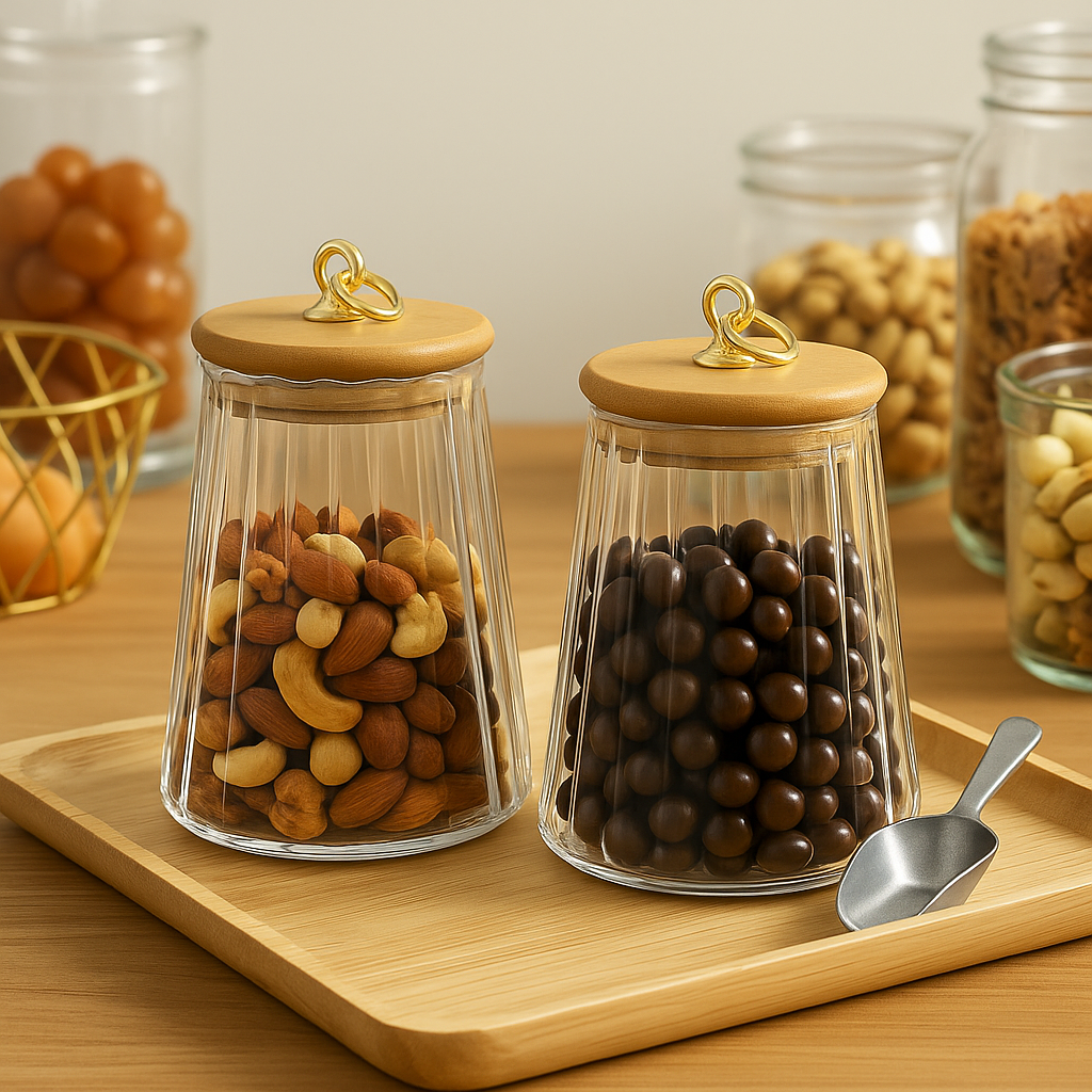 Glass Storage Jar Set with Wooden Lid & Gold Handle – 450ml & 1200ml