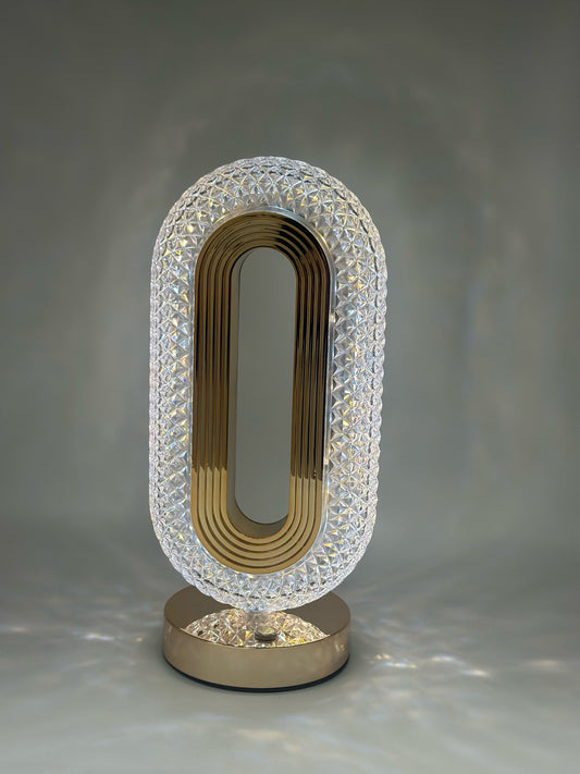 Oval Diamond‑Cut USB Rechargeable Crystal Table Lamp – Gold Accent