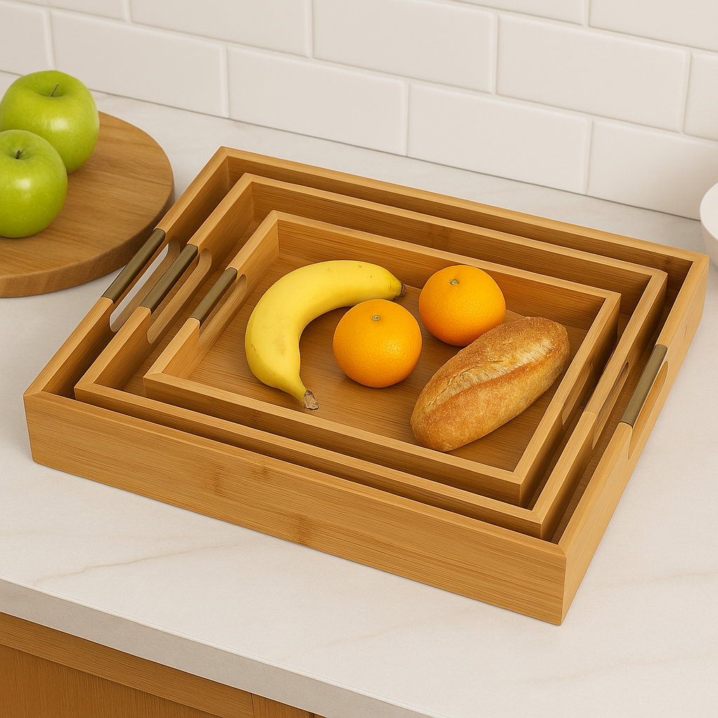 3-Piece Wooden Tray Set with Brass Handles – 15", 16", 18" – Nesting Serving Trays for Kitchen, Breakfast, or Décor