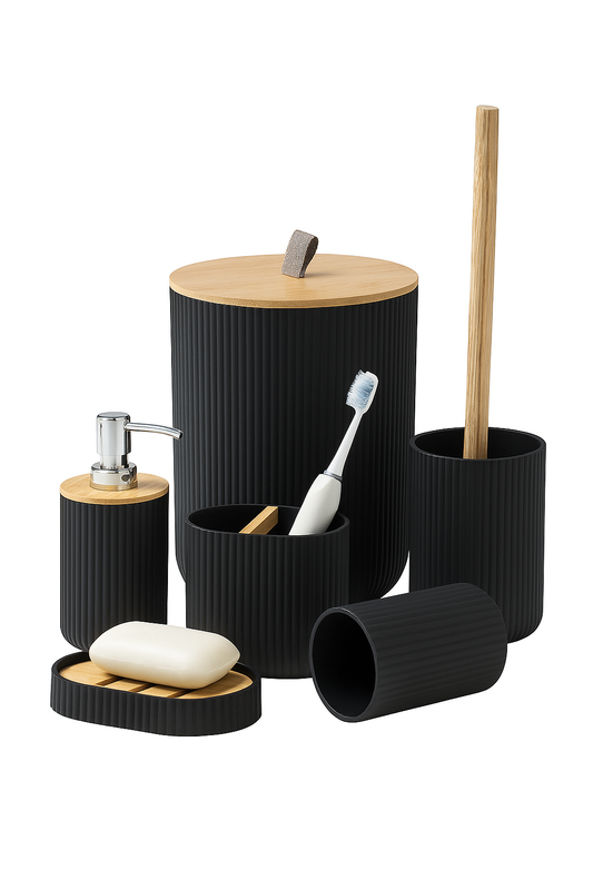 6-Piece Modern Bathroom Accessory Set with Wooden Accents - Black & White Options