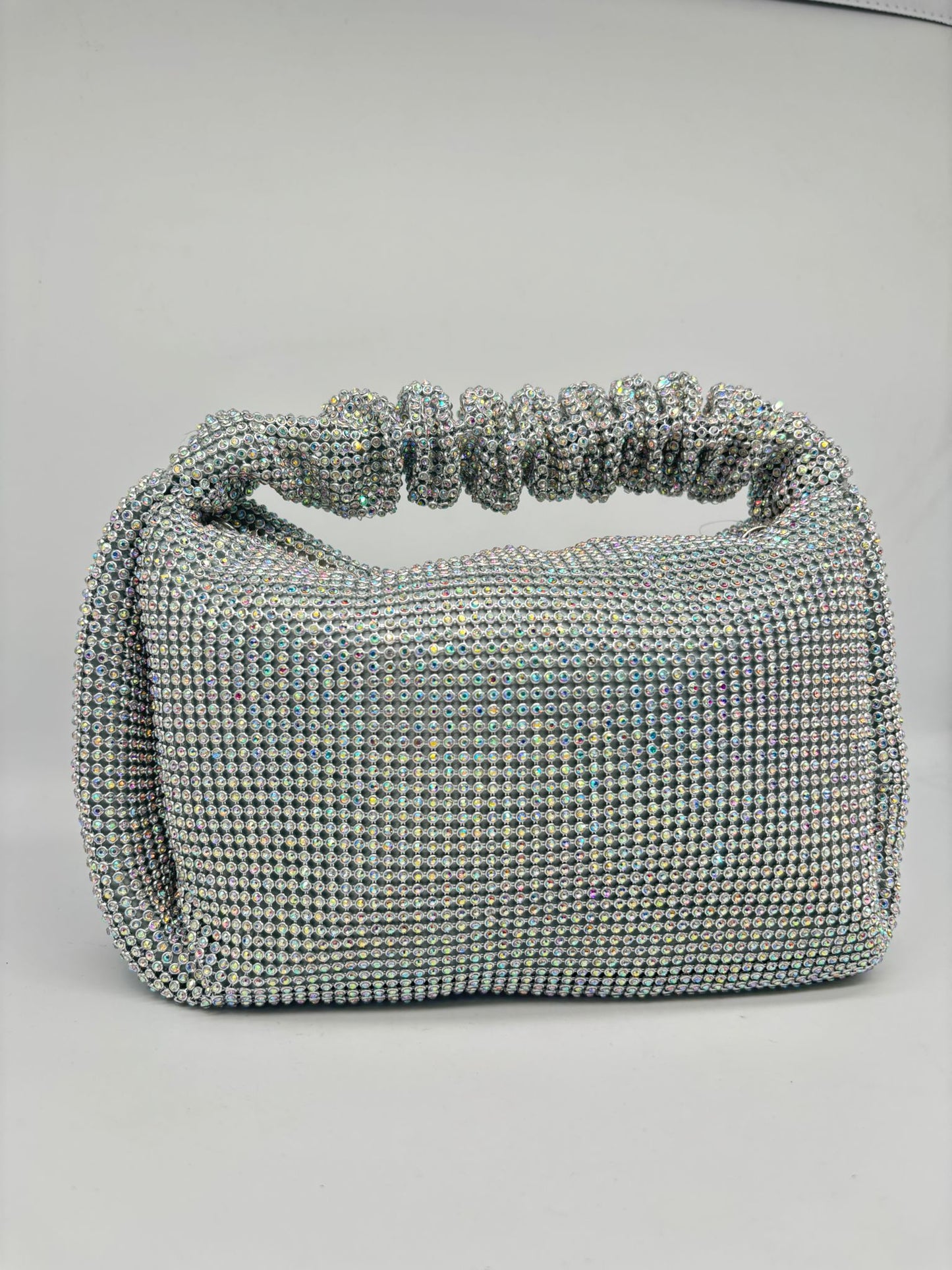 Luxury Silver Rhinestone Evening Clutch Bag with Scrunch Handle