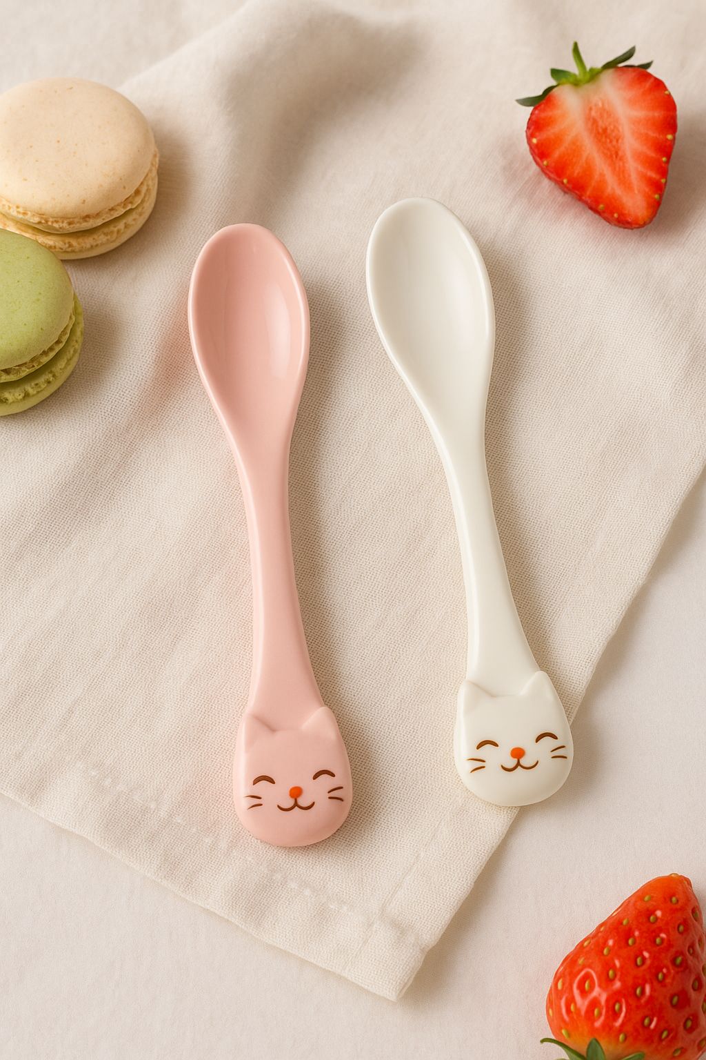 Cute Cat Plastic Kids Spoons – Pink & White, =