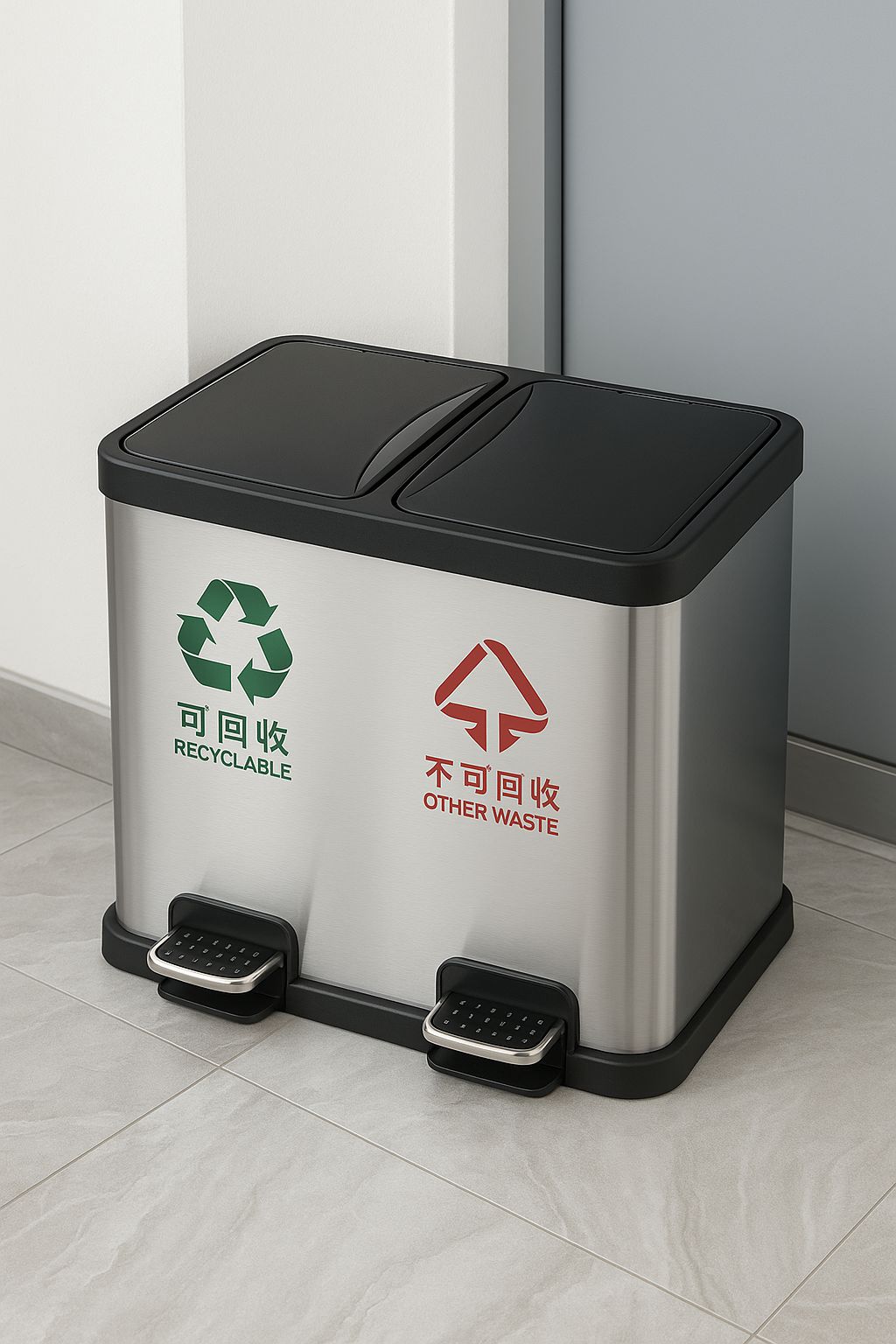 Dual-Compartment Stainless Steel Trash Bin with Pedal β Recyclable & Other Waste