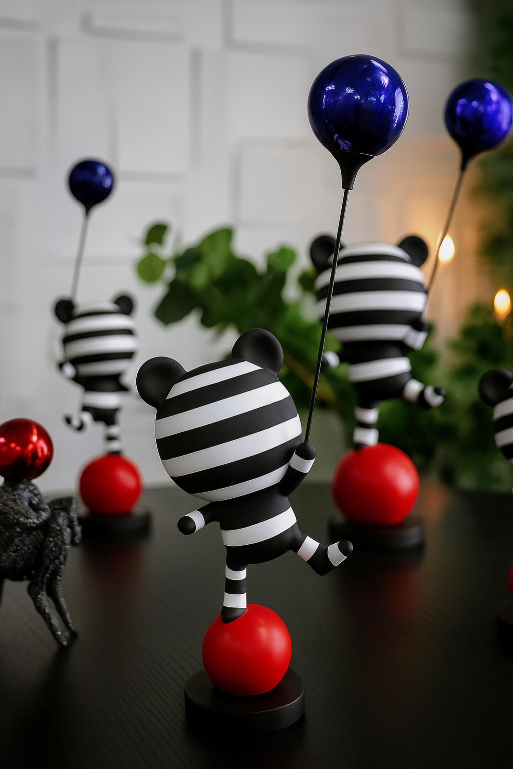 Striped Bear Figurine with Balloon – Cute Modern Ceramic Decor for Kids Room & Shelves