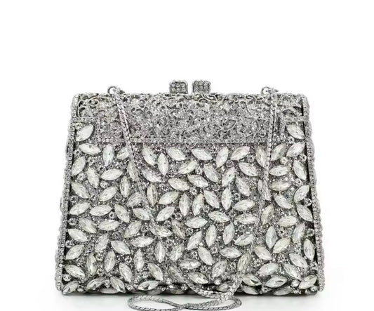 Luxury Silver Crystal Leaf Clutch Bag