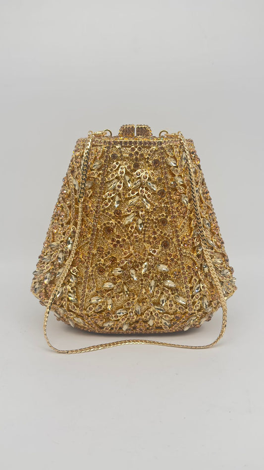Luxury Golden Crystal Embellished Potli Bag – Bridal & Party Wear