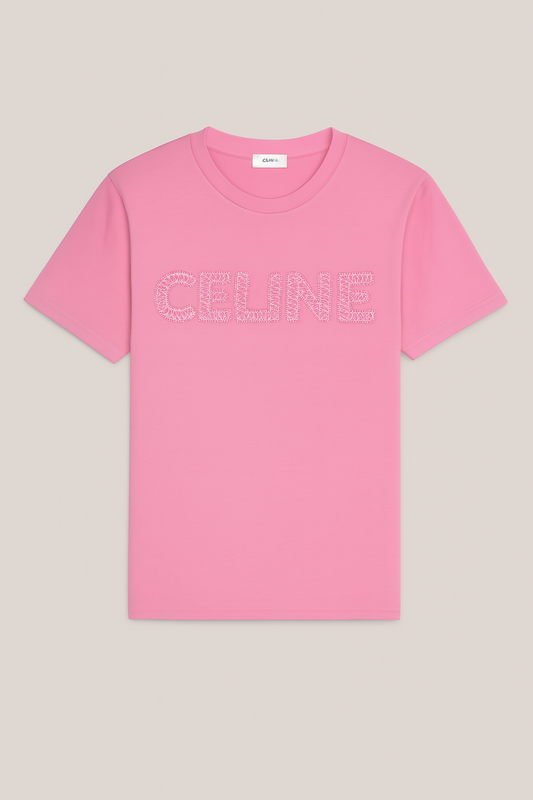Luxury CELINE-Inspired Crystal Logo T-Shirts – Pink & Black