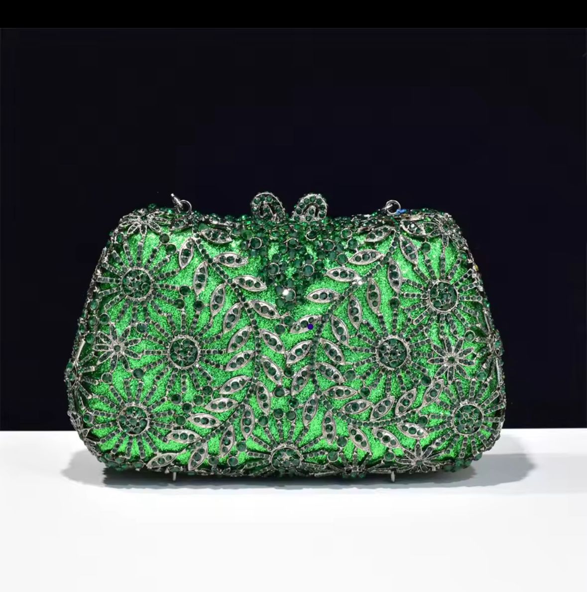 Luxury Emerald Green Crystal Clutch Bag – Floral Radiance Design