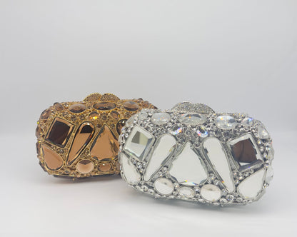 Luxury Crystal Jeweled Clutch Bag with Gold Chain – Green, Silver, Gold Variants