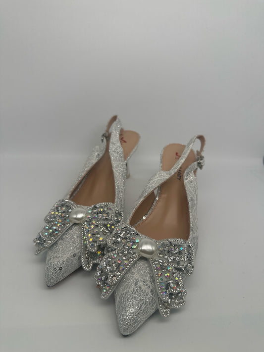 Luxury Silver Slingback Heels with Rhinestone Bow and Pearl Detail