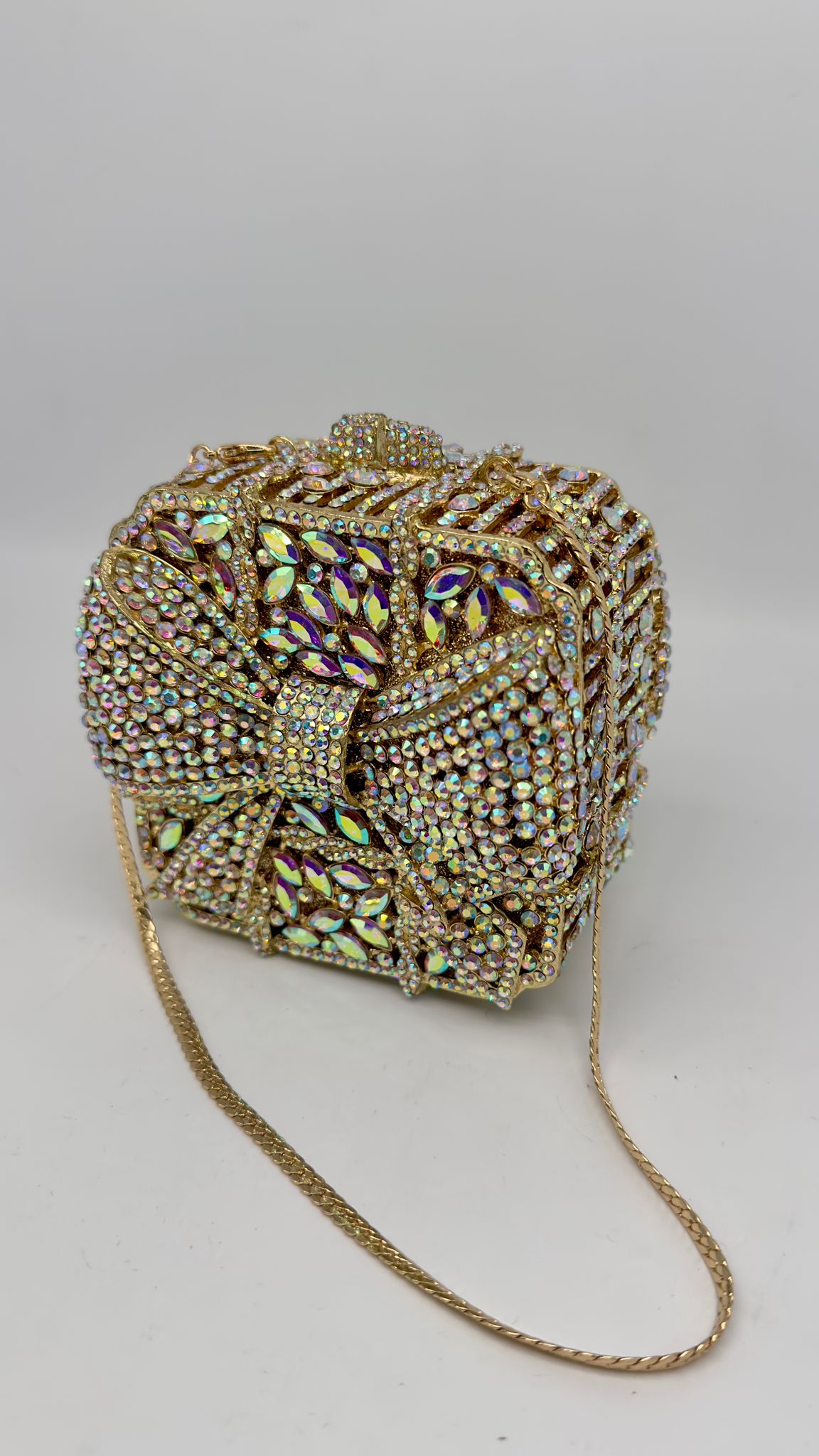 Luxury Golden Rhinestone Gift Box Clutch Bag