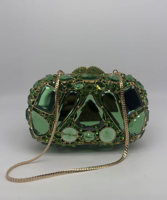 Luxury Crystal Jeweled Clutch Bag with Gold Chain – Green, Silver, Gold Variants