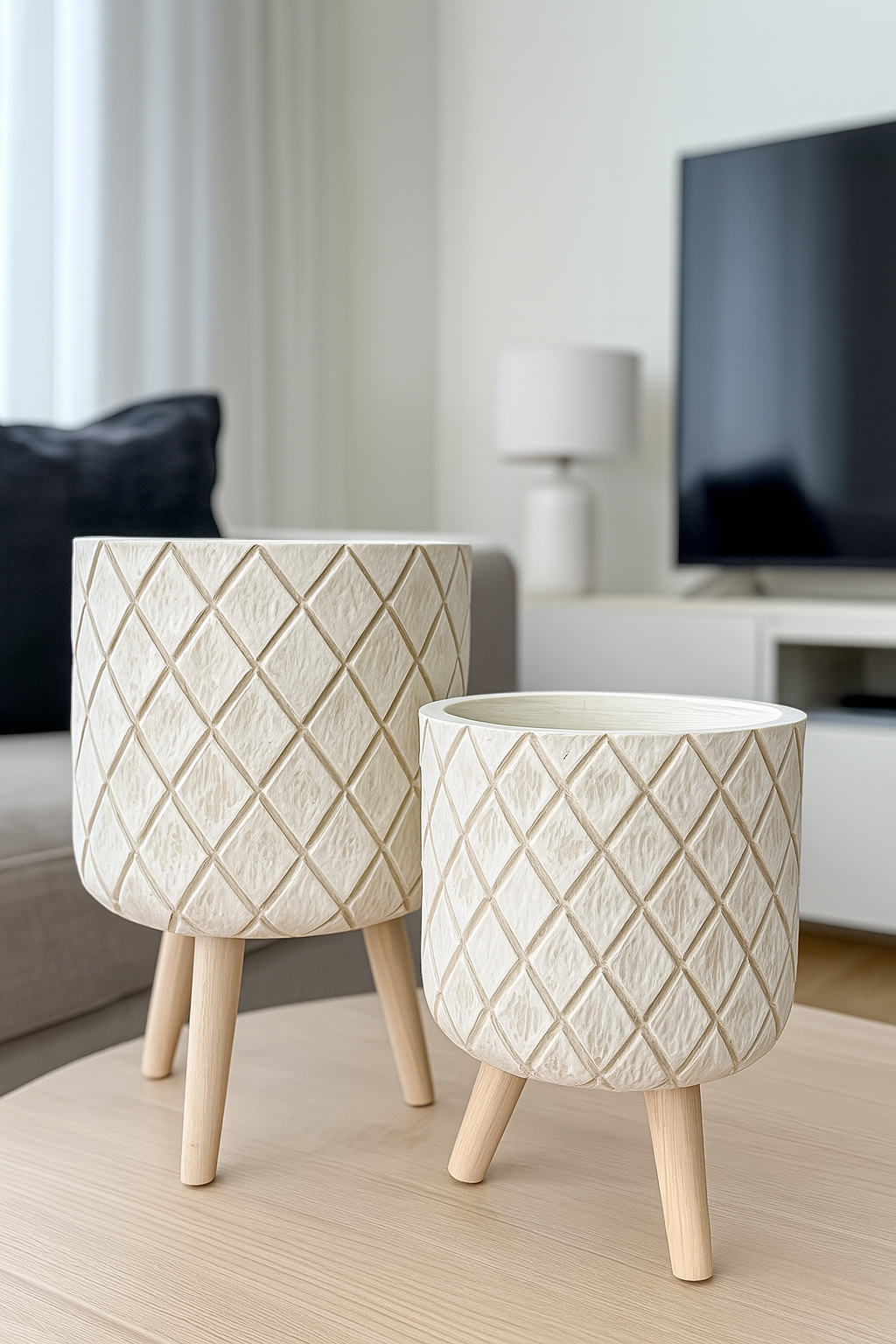 Set of 2 Diamond Carved Clay Planters with Wooden Legs (13" & 17")