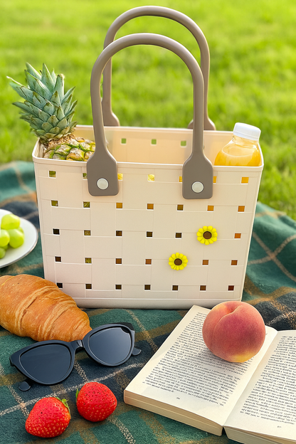 Stylish Plastic Carry Basket with Removable Flower Charms – Ideal for Shopping, Picnic & Home Storage