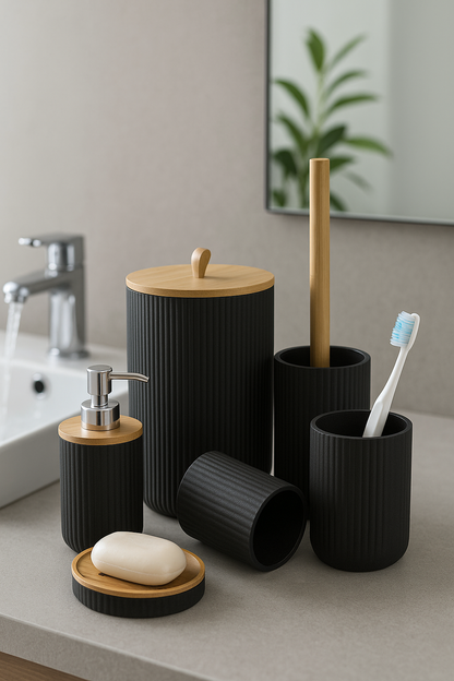 6-Piece Modern Bathroom Accessory Set with Wooden Accents - Black & White Options