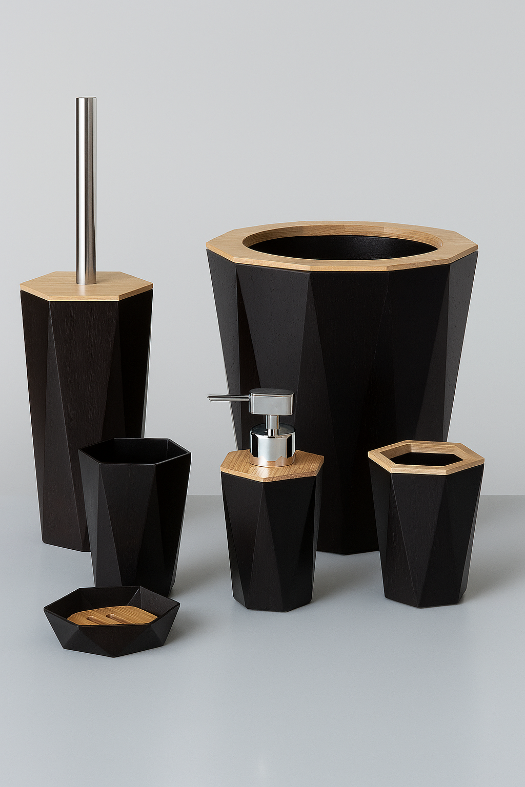 6-Piece Bathroom Accessory Set with Wooden Accents – Black and White Options