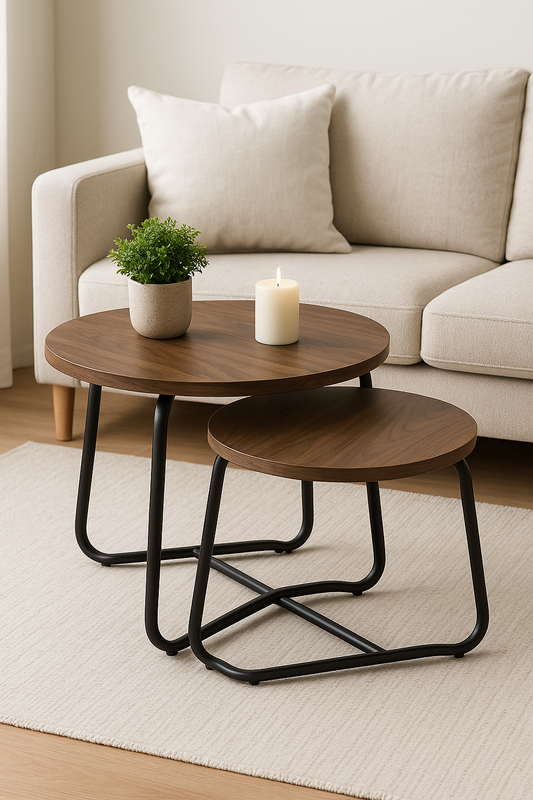Modern Wood & Metal Coffee Table Set – Round Nesting Tables (Two Sizes)