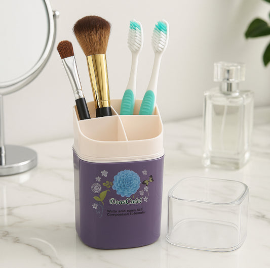 Multi-Compartment Makeup & Toothbrush Organizer with Lid – Purple Floral Design