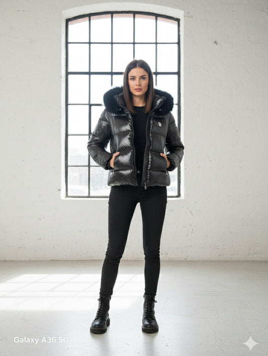 Designer-Inspired Puffer Jacket with Fur Hood