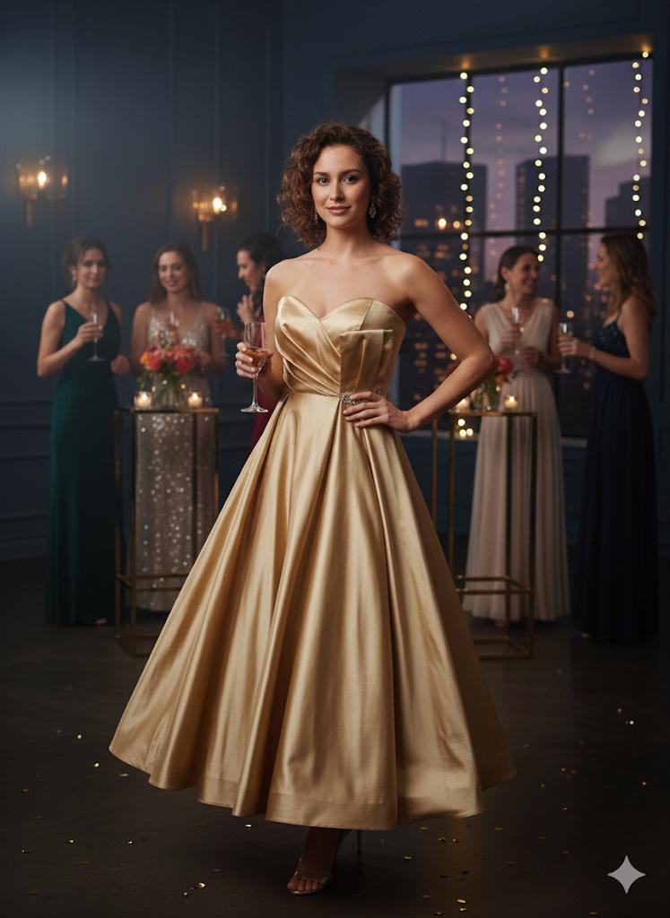 Luxurious Satin Strapless Midi Dress with Corset Back