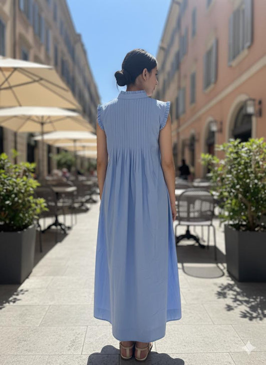 Ruffled High-Neck Button-Front Maxi Sundress