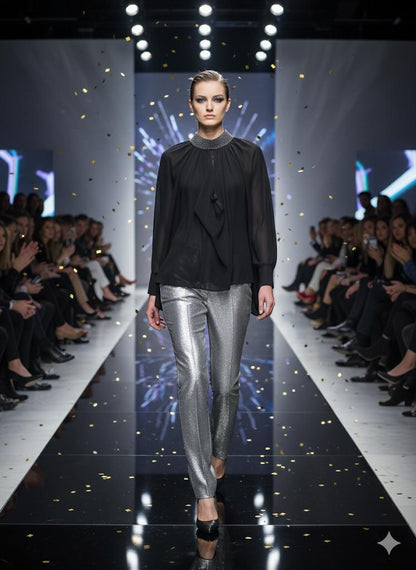 Embellished High-Neck Sheer Blouse