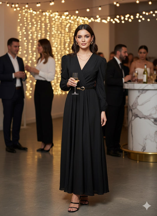 Elegant Long-Sleeve Satin Wrap Maxi Dress