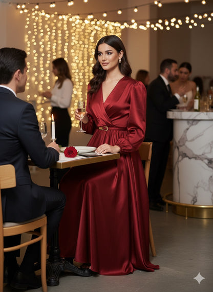 Elegant Long-Sleeve Satin Wrap Maxi Dress