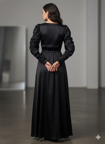 Elegant Long-Sleeve Satin Wrap Maxi Dress