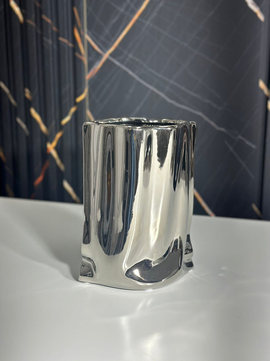 Sculpted Chrome Ceramic Vase — Modern Reflective Accent Piece
