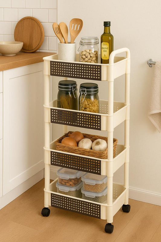 4-Tier Rolling Kitchen Storage Cart – Multi-Purpose Organizer with Mesh Baskets & Wheels