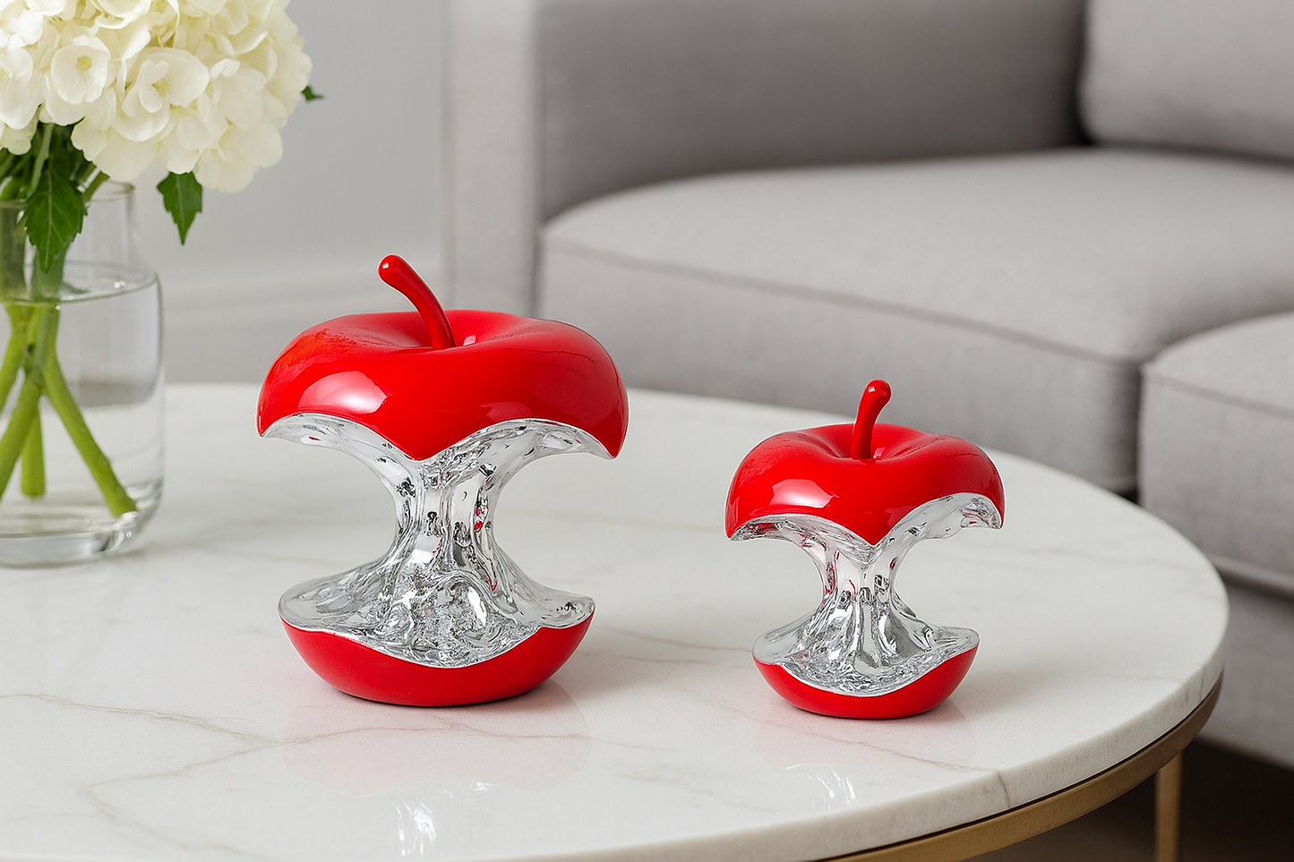 Decorative Apple Core Sculptures – Red, White, Black (Plastic, 8.5” & 5.8” Tall)
