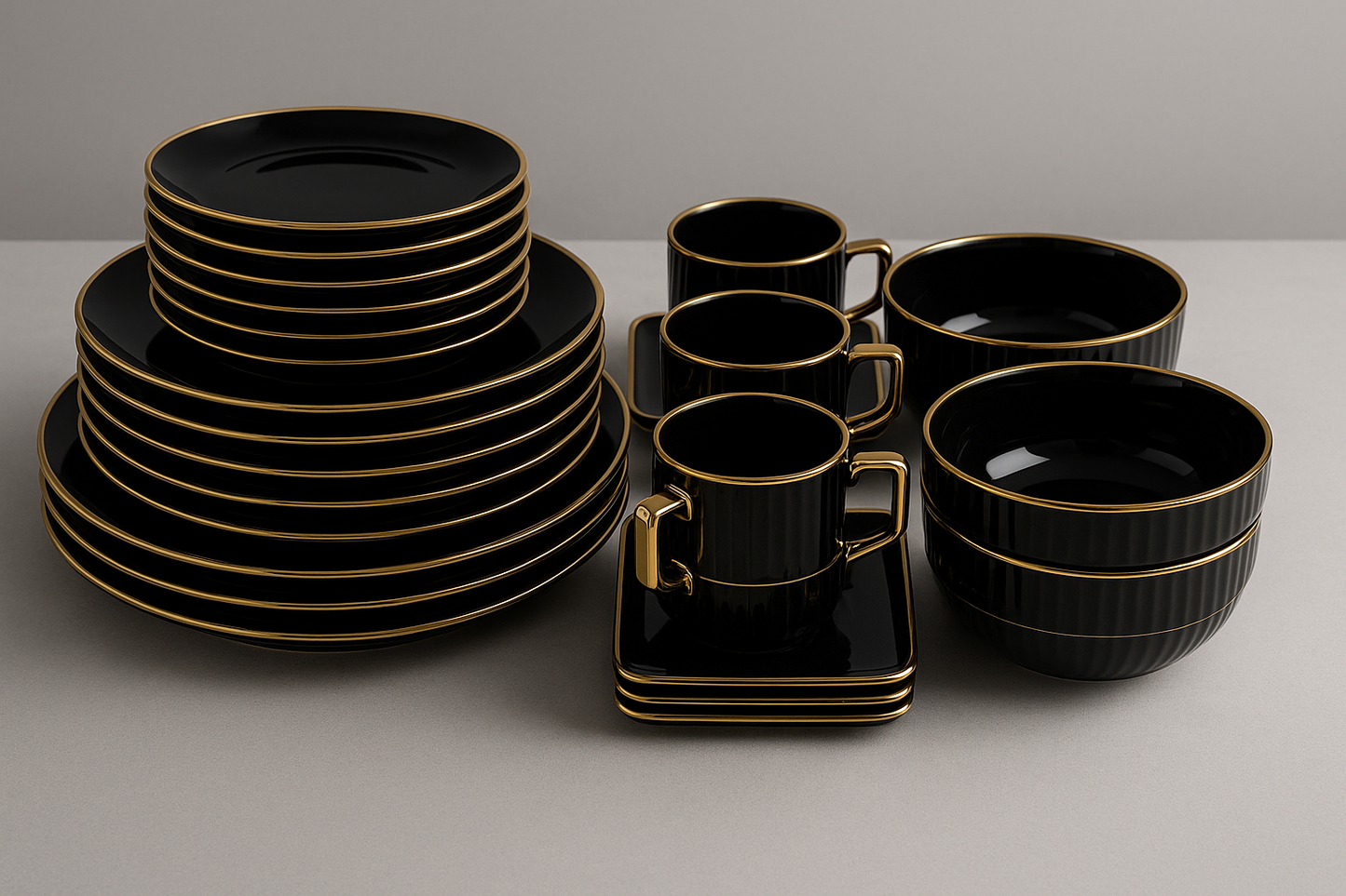 52-Piece Black-White Porcelain Dinnerware Set – Gold Rim | Aura by Goldmark