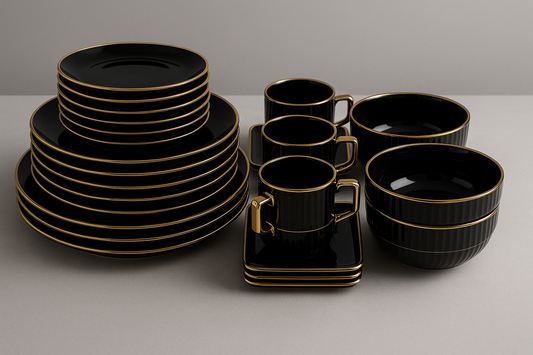 52-Piece Black-White Porcelain Dinnerware Set – Gold Rim | Aura by Goldmark