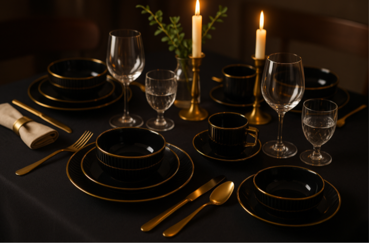 52-Piece Black-White Porcelain Dinnerware Set – Gold Rim | Aura by Goldmark